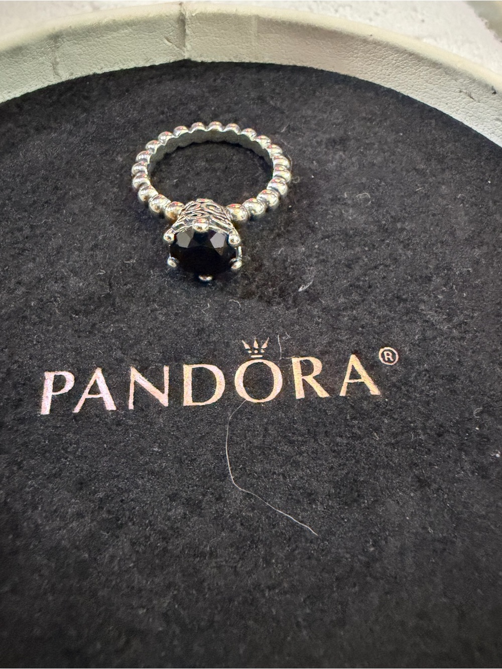 Pandora Silver Beaded Ring with Black Gem